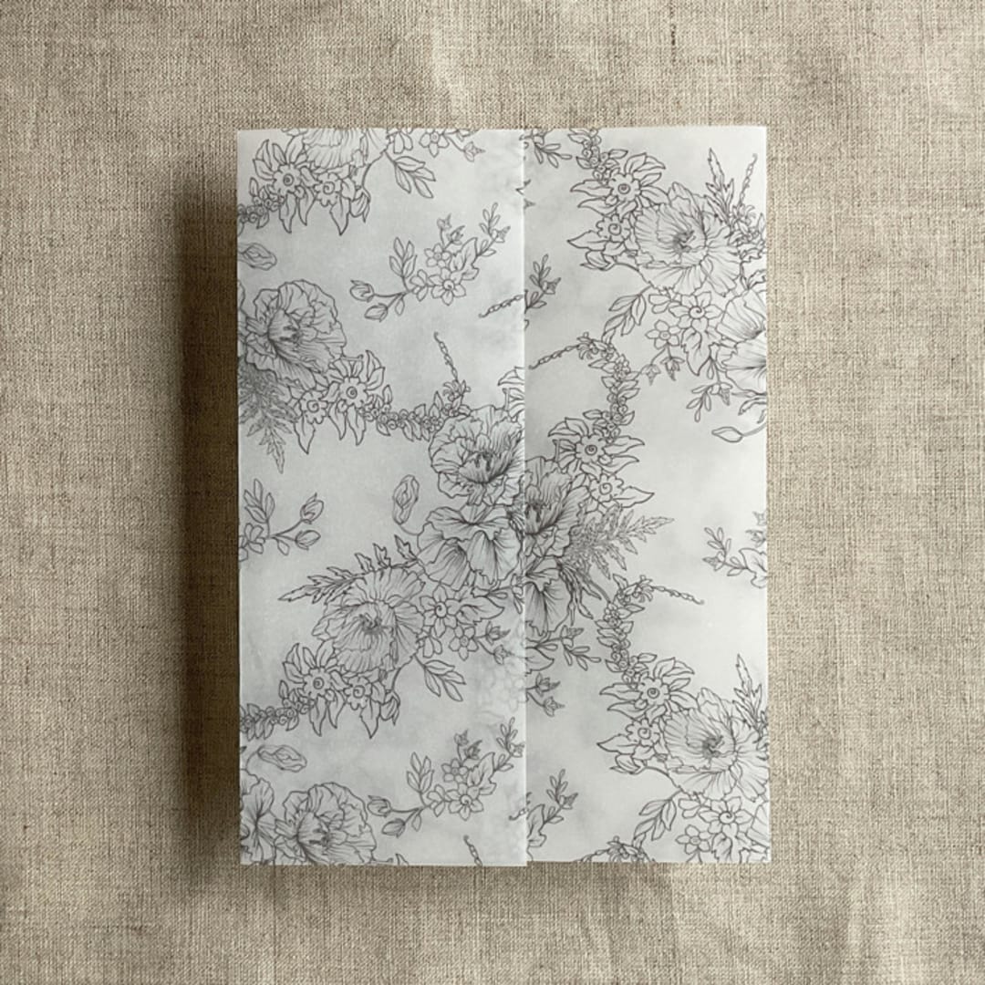 "Slate gray poppy floral toile printed vellum wrap for 5x7 card | pack of 10" - Invitation Jackets and Overlays in gray by Ivory Invitations