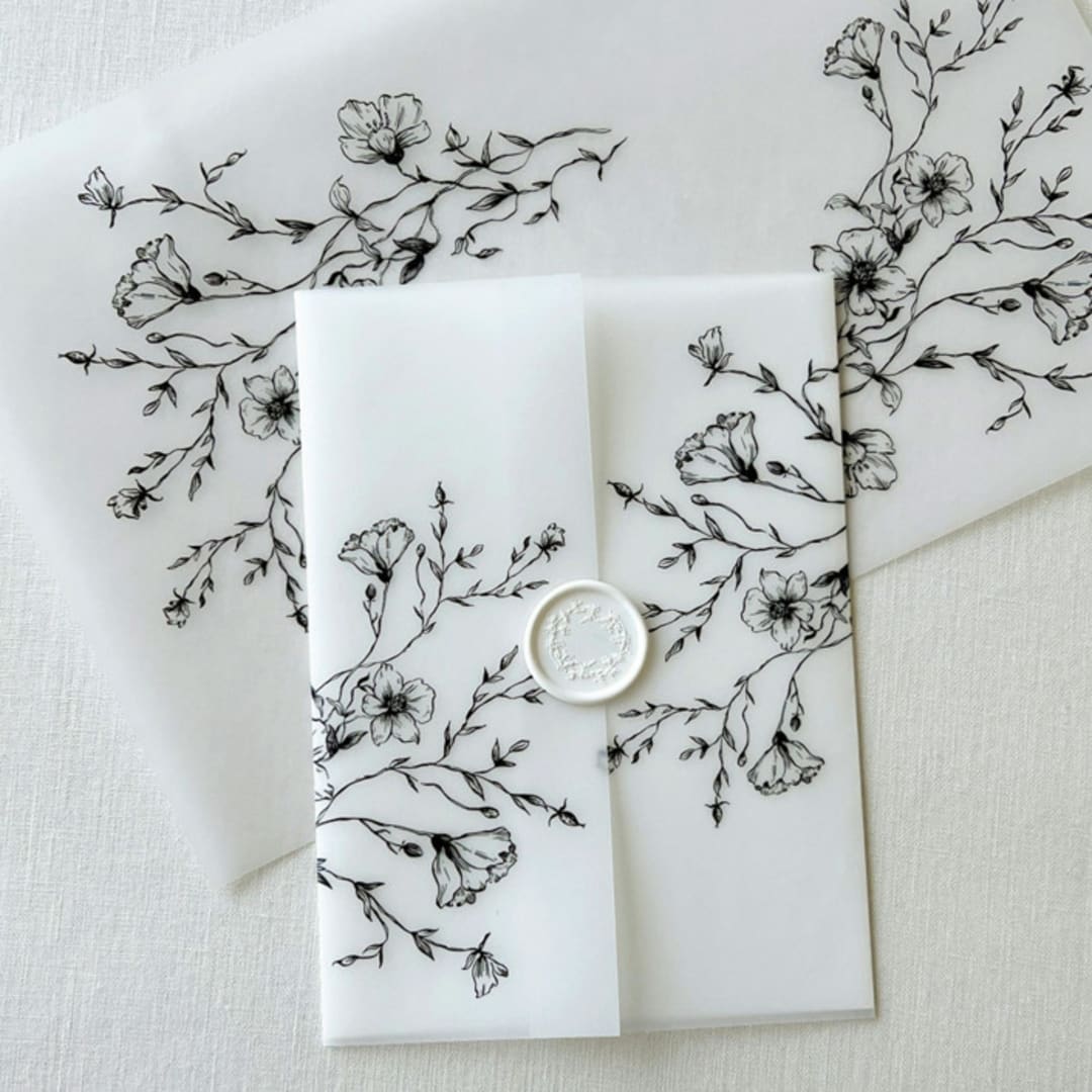 "Classic Black Botanical Vellum Wrap | Set of 10" - Invitation Jackets and Overlays in black by Eva Friesen