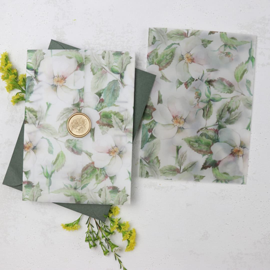 Garden Green and White Magnolia Vellum Jackets | Set of 25