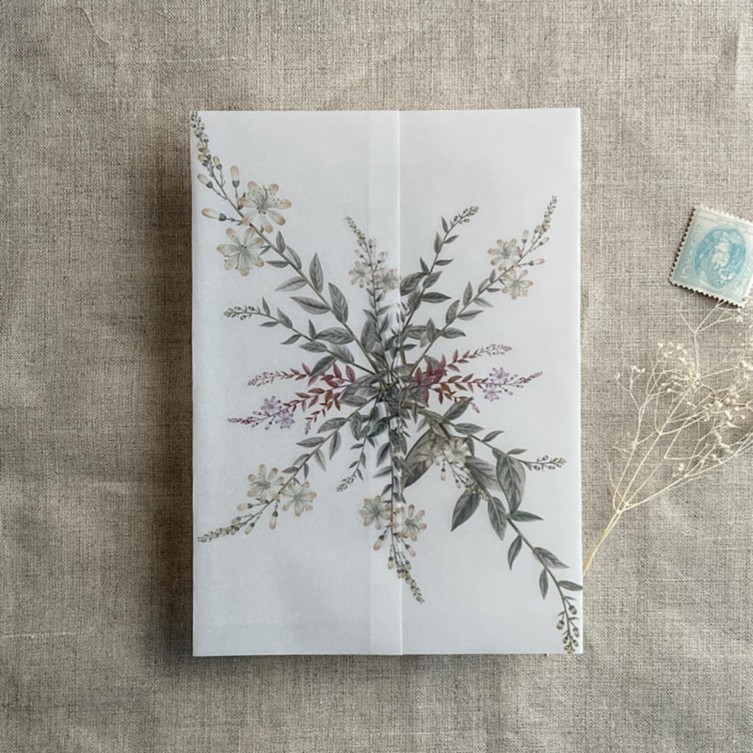 "Willow botanical printed vellum wrap for 5x7 card | pack of 10" - Invitation Jackets and Overlays in green by Ivory Invitations