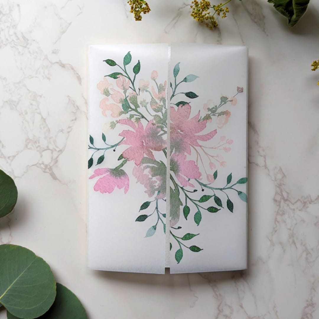 "Delicate Floral Watercolor Vellum Wrap | Set of 10" - Invitation Jackets and Overlays in beige by Campofiore Paper Studio