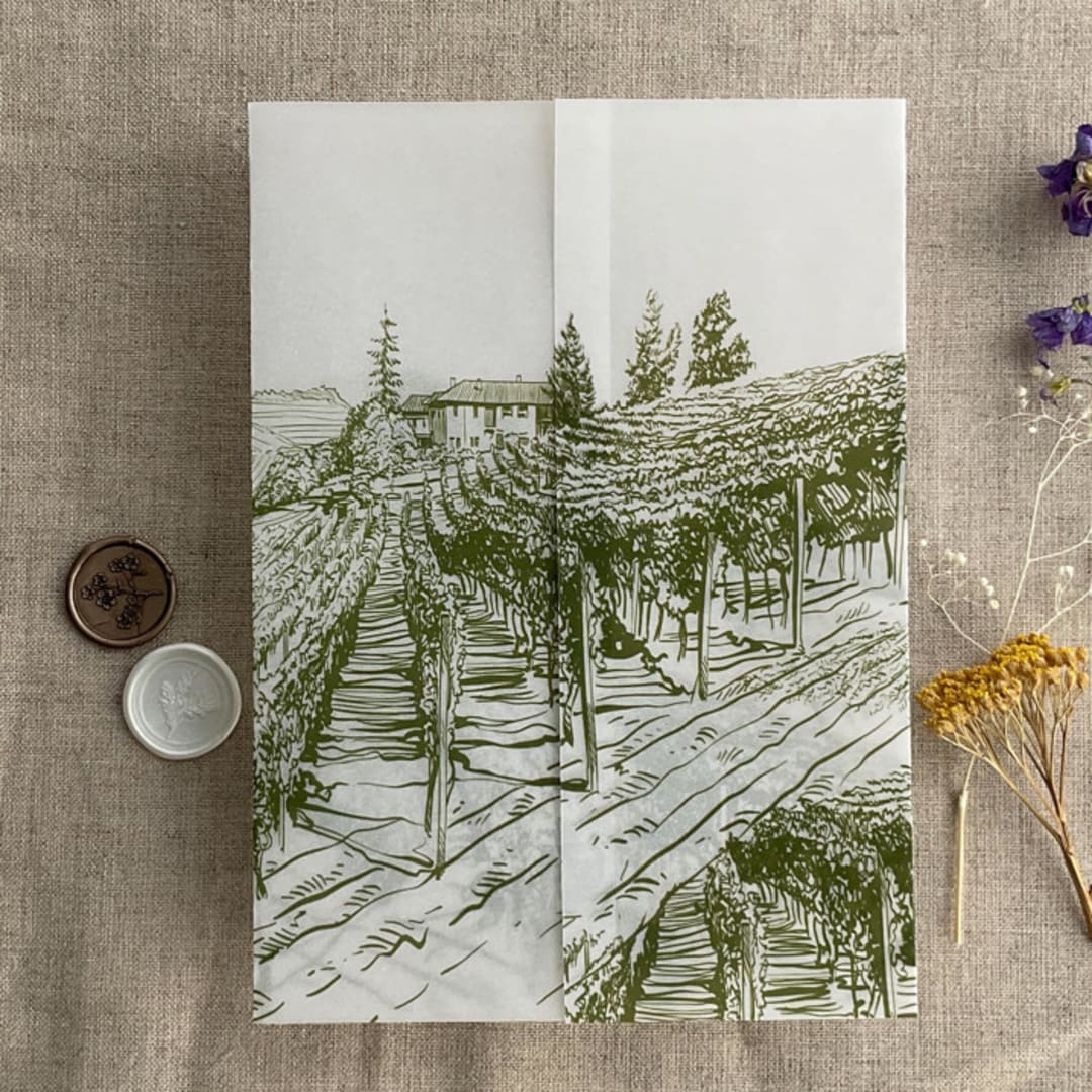"Moss green vineyard landscape sketch printed vellum wrap for 5x7 card | pack of 10" - Invitation Jackets and Overlays in green by Ivory Invitations