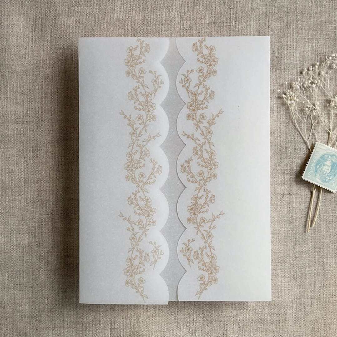 "Gold floral printed scallop edge vellum wrap for 5x7 card | pack of 10" - Invitation Jackets and Overlays in gold by Ivory Invitations