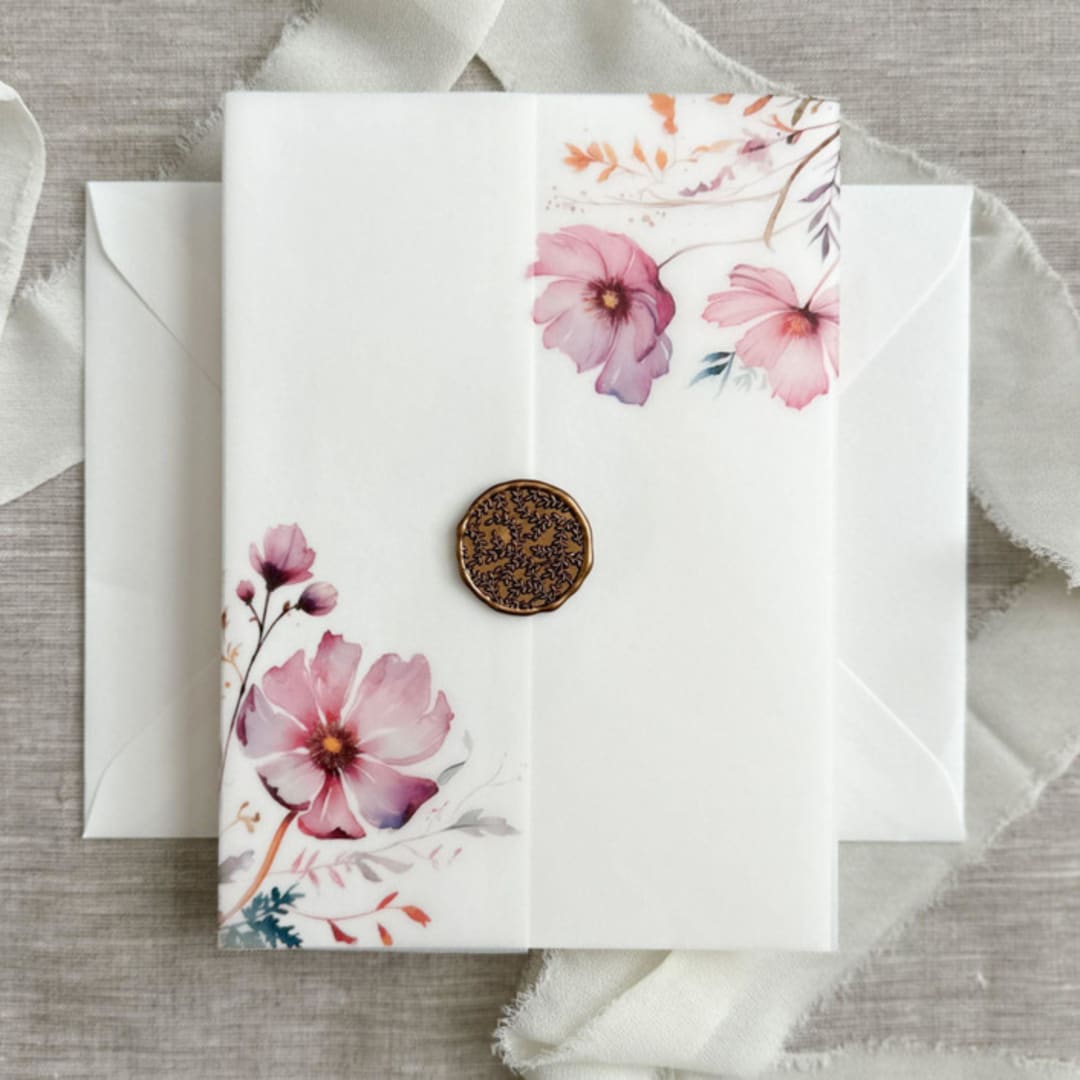 "Pink and purple wildflowers vellum jackets for invitations | Set of 10" - Invitation Jackets and Overlays in multicolorassorted-colors by Maria Ferrer G.