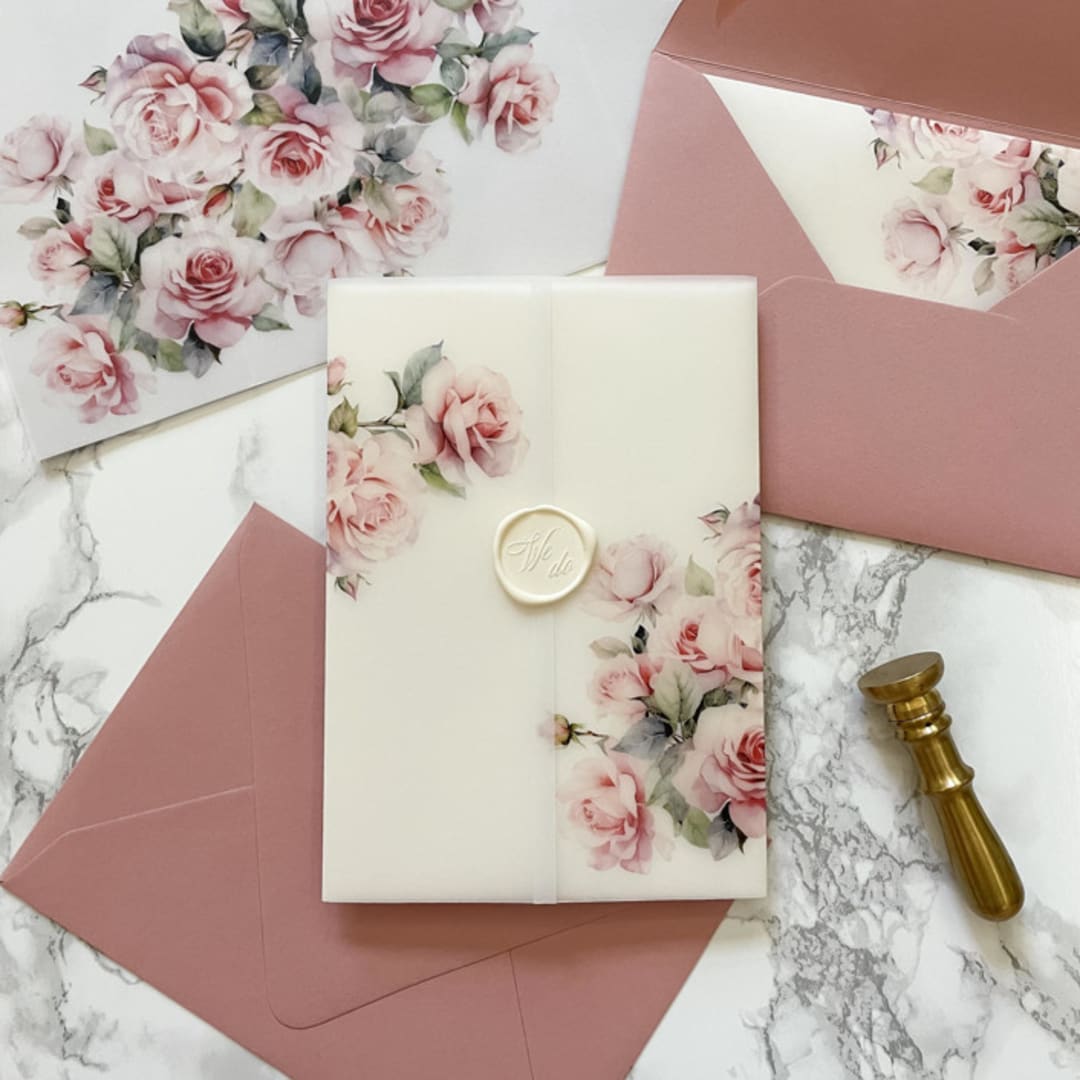 "Pink Roses Vellum Jacket for Wedding Invitations (10 Pack)" - Invitation Jackets and Overlays in pink by Carley Zuercher