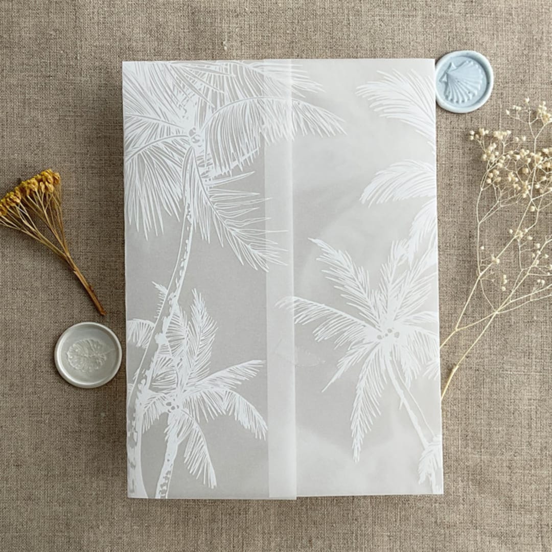 "White ink print Palm trees beach side vellum wrap for 5x7 card | pack of 10" - Invitation Jackets and Overlays in white by Ivory Invitations