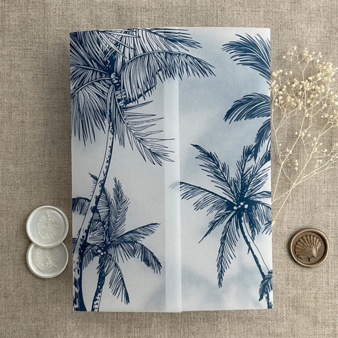 "Palm trees beach side navy printed vellum wrap for 5x7 card | pack of 10" - Invitation Jackets and Overlays in blue by Ivory Invitations