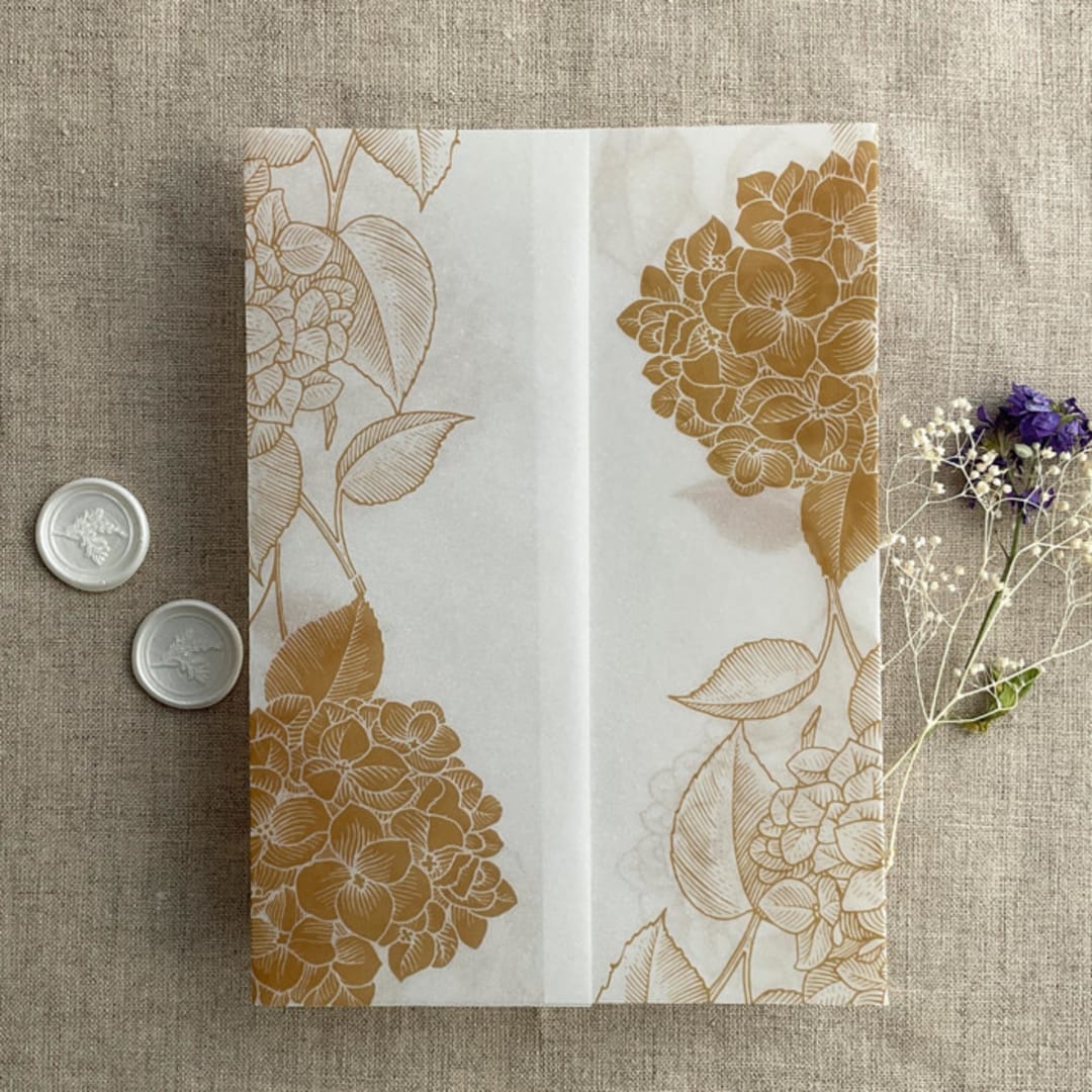 "Gold Hydrangea floral printed vellum wrap for 5x7 card | pack of 10" - Invitation Jackets and Overlays in gold by Ivory Invitations