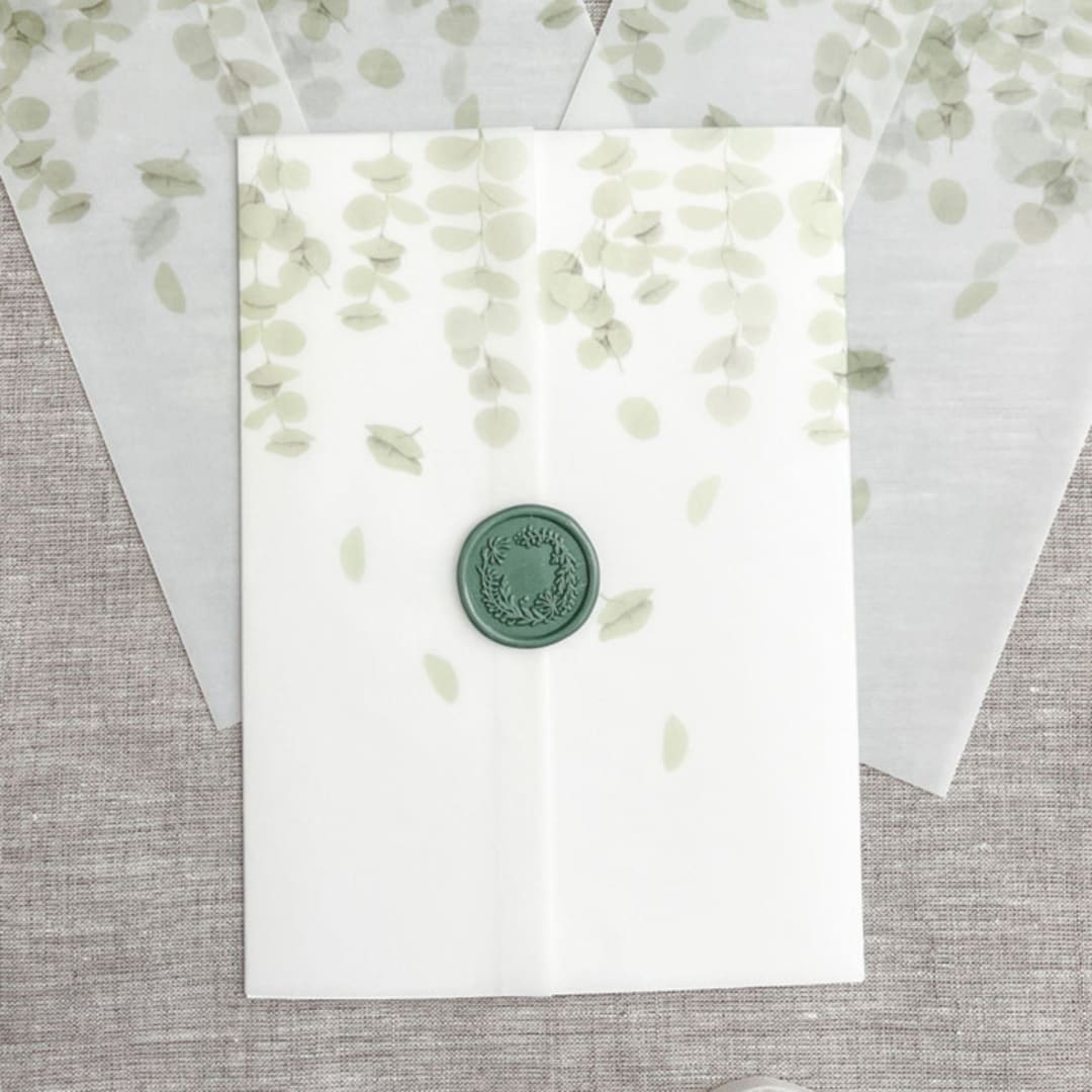 "Falling eucalyptus vellum wraps for 5x7 invitations | Set 0f 10" - Invitation Jackets and Overlays in green by Maria Ferrer G.