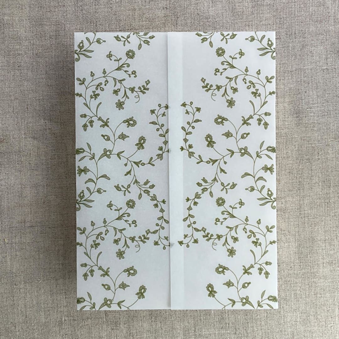 "Moss green dainty floral vines printed vellum wrap for 5x7 card  | pack of 10" - Invitation Jackets and Overlays in green by Ivory Invitations