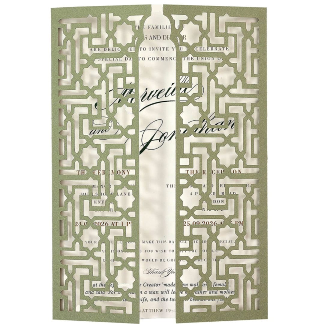 "Custom Laser Cut Cover for 5x7 Invitation | Set of 10 | Envelopes Included" - Invitation Jackets and Overlays in green by Self Stationery