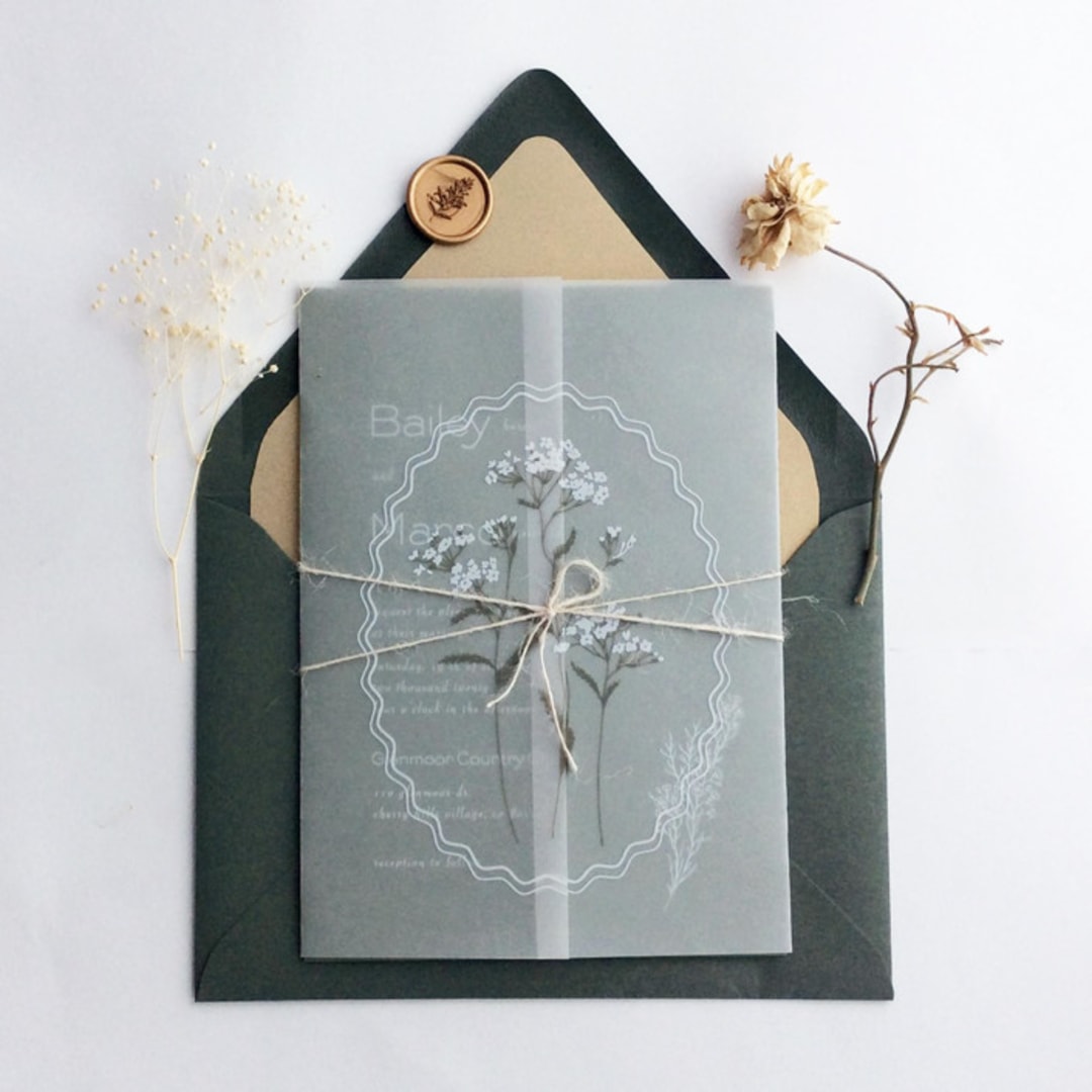 "Oval scallop framed white wild flowers printed vellum wrap for 5x7 card  | pack of 10" - Invitation Jackets and Overlays in white by Ivory Invitations