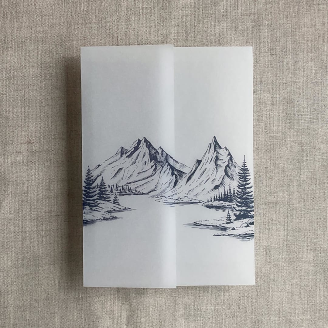 "Blue mountain sketch printed vellum wrap for 5x7 card | pack of 10" - Invitation Jackets and Overlays in blue by Ivory Invitations