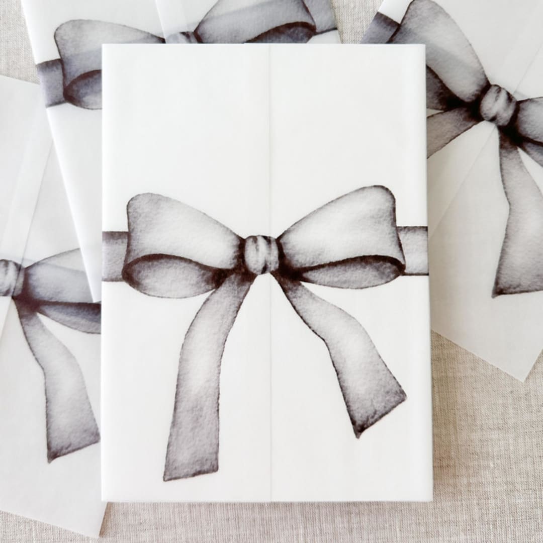 "Black bow watercolor vellum jacket | Set of 10" - Invitation Jackets and Overlays in black by Maria Ferrer G.