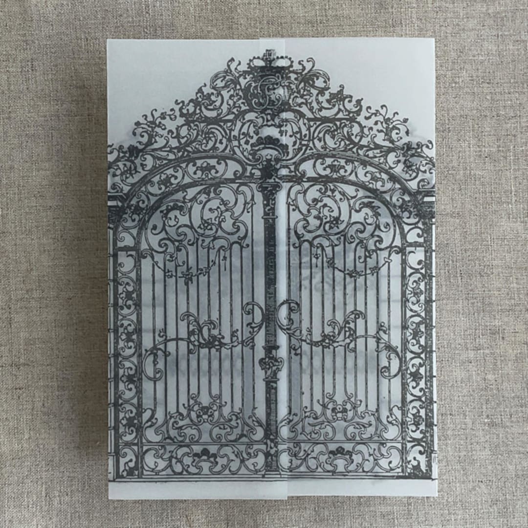"Slate gray vintage style gate to the palace gardens vellum wrap for 5x7 card | pack of 10" - Invitation Jackets and Overlays in gray by Ivory Invitations