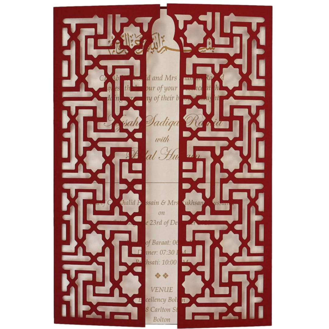 "Laser Cut Gatefold Cover for 5x7 Asian Invitation  | Set of 10 | Envelopes Included" - Invitation Jackets and Overlays in red by Self Stationery
