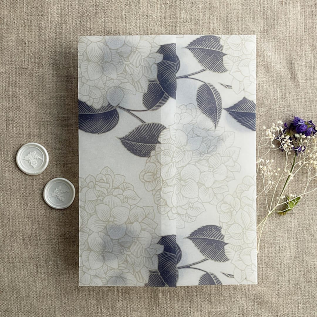 "Antique Hydrangea flower dark blue leaf printed vellum wrap for 5x7 card | pack of 10" - Invitation Jackets and Overlays in blue by Ivory Invitations