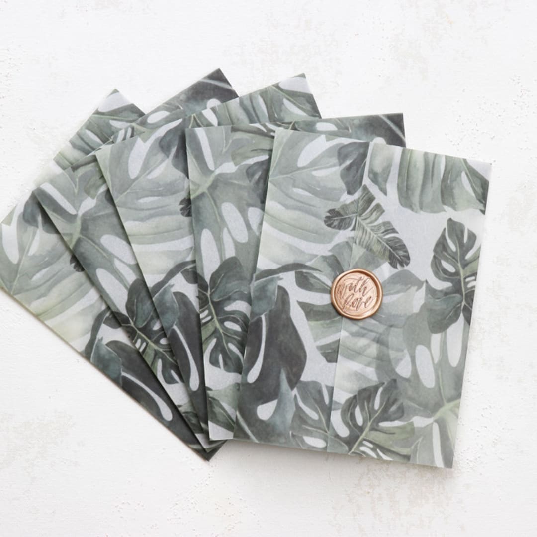 Green Monstera Leaves Vellum Jackets | Size 5x7 | Set of 25