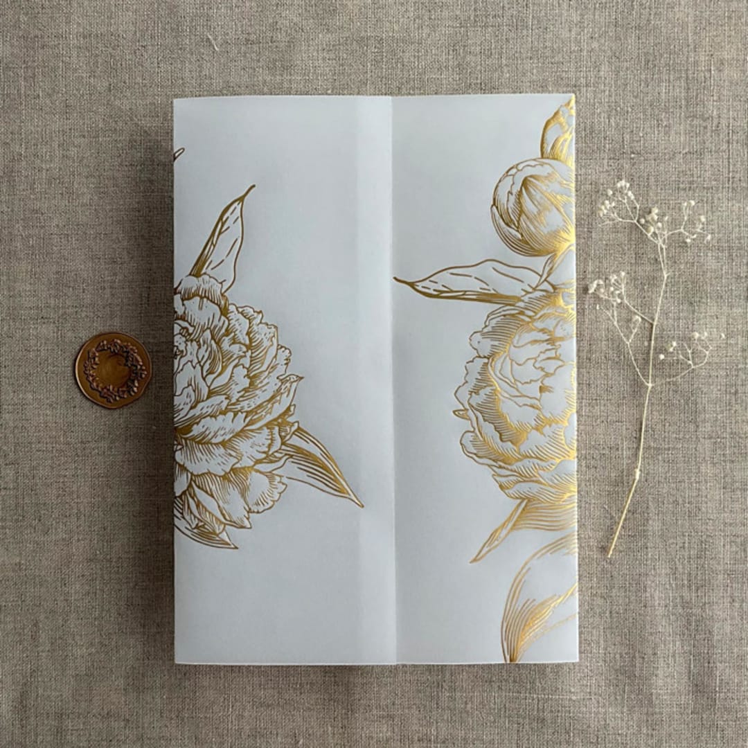 "Real gold foil pressed on vellum gold Etched grand peony vellum wrap for 5x7 card | pack of 10" - Invitation Jackets and Overlays in gold by Ivory Invitations