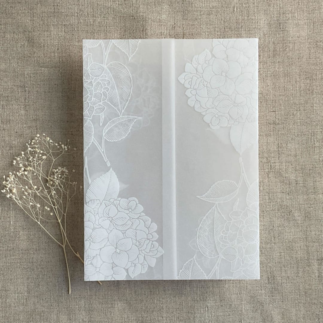 "White Hydrangea floral white ink printed vellum wrap for 5x7 card | pack of 10" - Invitation Jackets and Overlays in white by Ivory Invitations