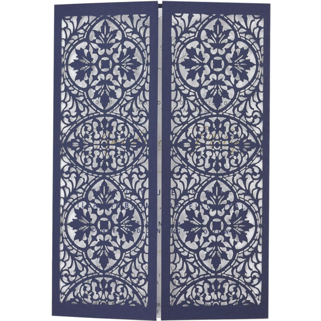 "Arabic Gatefold Wedding Laser Cut Cover for 5x7 Card | Set of 10 | Envelopes Included" - Invitation Jackets and Overlays in blue by Self Stationery