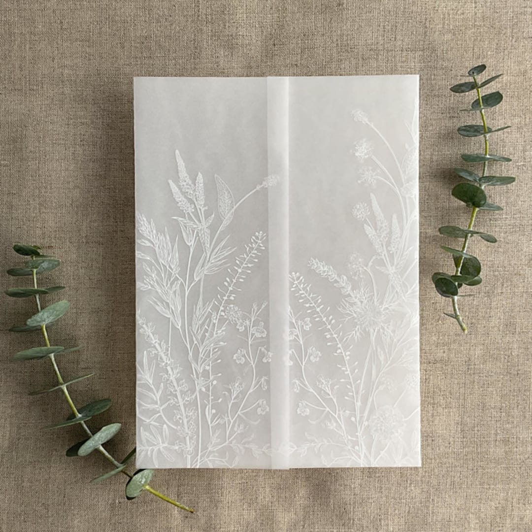 "White Frosted English botanical garden floral printed vellum wrap for 5x7 card | pack of 10" - Invitation Jackets and Overlays in white by Ivory Invitations