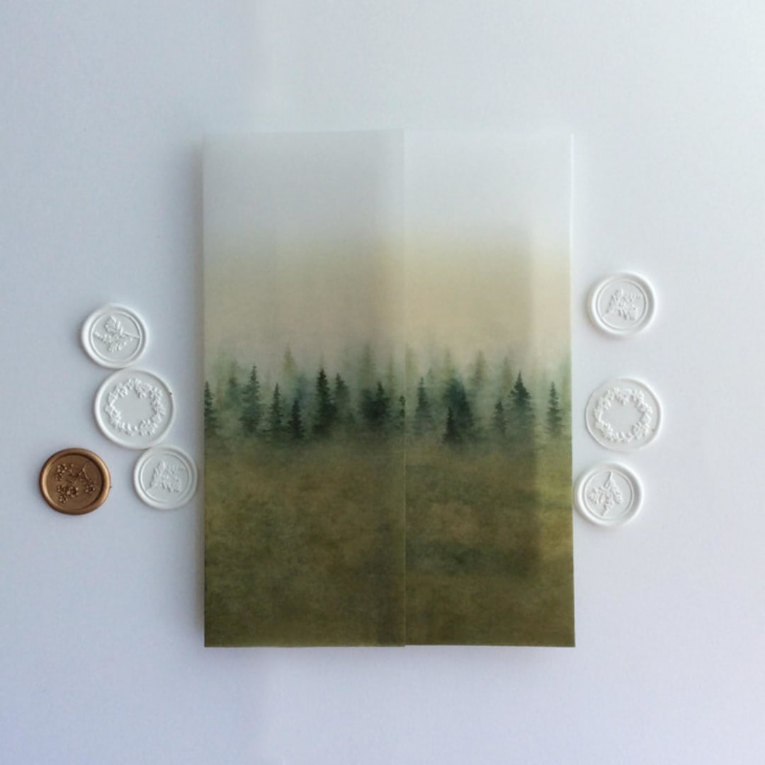 "Rustic forest green ombre forest landscape printed vellum wrap for 5x7 card  | pack of 10" - Invitation Jackets and Overlays in green by Ivory Invitations