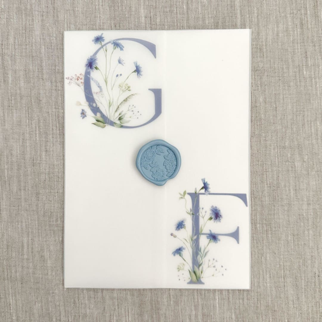 "Custom initials and blue wildflowers vellum wraps for invitations | Set of 10" - Invitation Jackets and Overlays in multicolorassorted-colors by Maria Ferrer G.