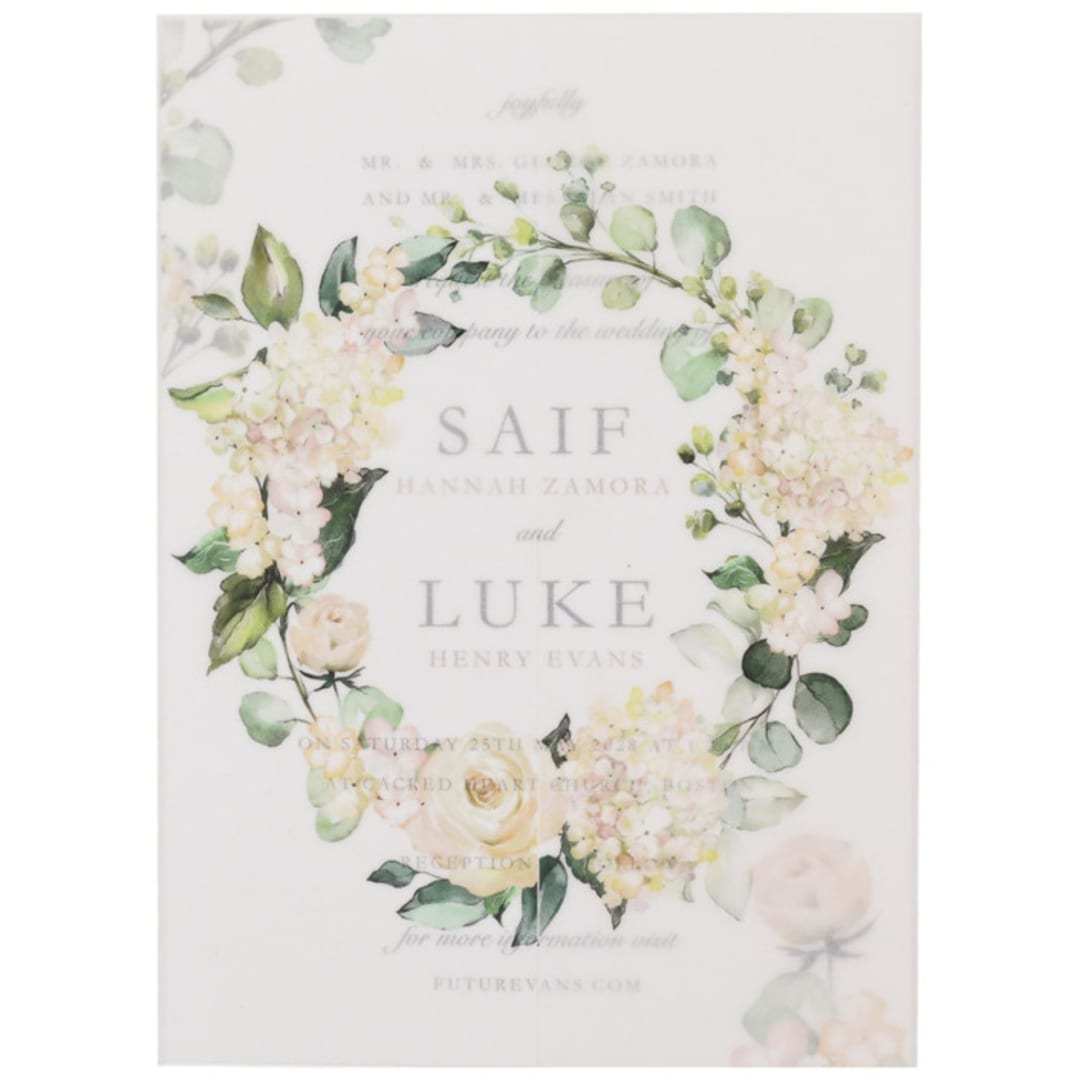 "Vellum Jacket with a Wreath of White Hydrangeas and Roses, Set of 10" - Invitation Jackets and Overlays in white by Self Stationery