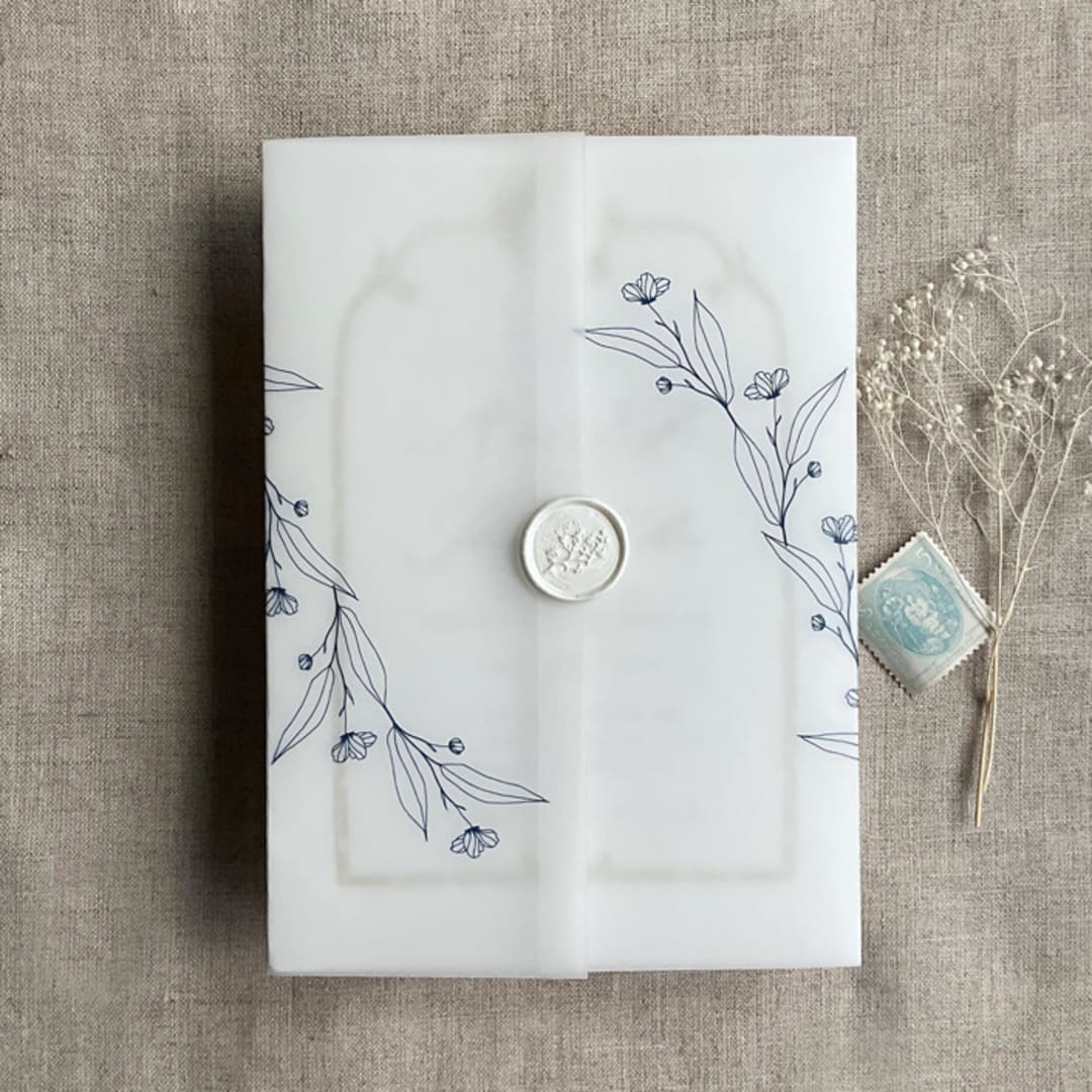"Jessica minimalist navy vellum wraps for 5x7 card | pack of 10" - Invitation Jackets and Overlays in blue by Ivory Invitations