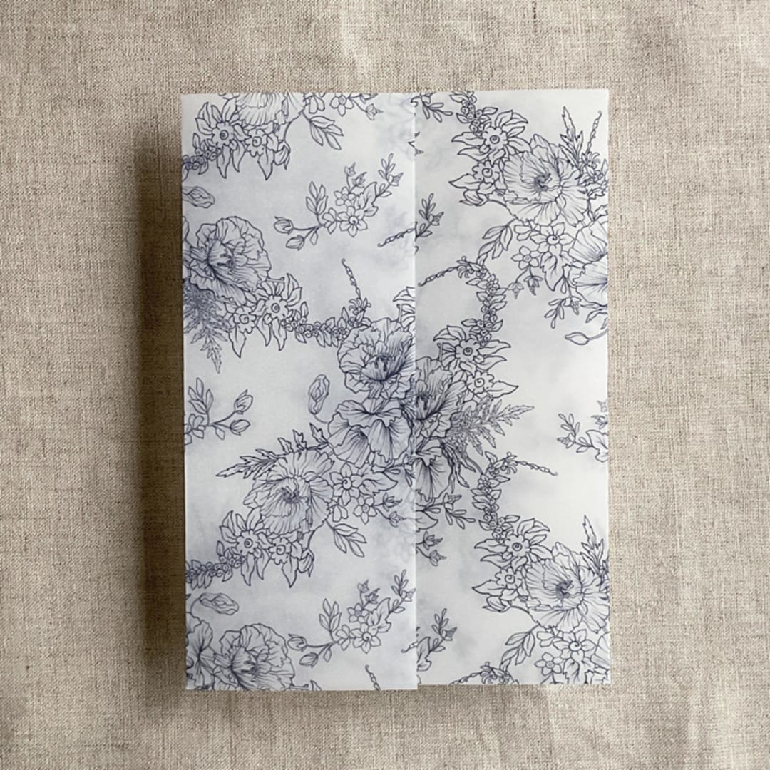 "Deep Blue poppy floral toile printed vellum wrap for 5x7 card | pack of 10" - Invitation Jackets and Overlays in blue by Ivory Invitations