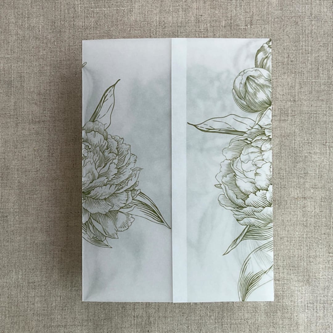 "Moss etched grand peony floral printed vellum wrap for 5x7 card | pack of 10" - Invitation Jackets and Overlays in green by Ivory Invitations