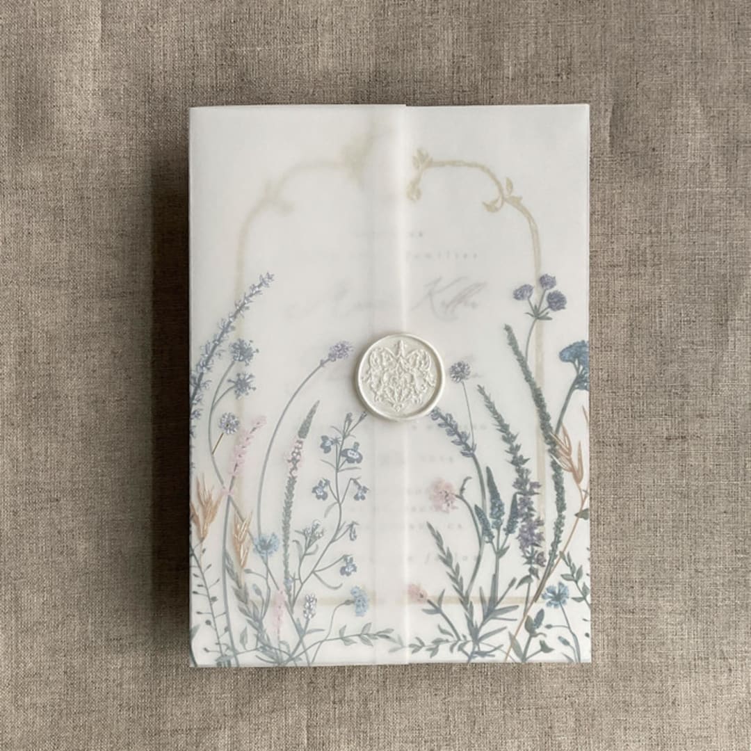 "Soft floral garden printed vellum wrap for 5x7 card | pack of 10" - Invitation Jackets and Overlays in multicolorassorted-colors by Ivory Invitations