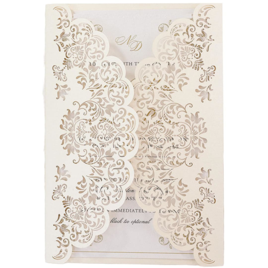 "Cream Laser Cut Invitation Cover for 5x7 Card | Set of 10 | Envelopes Included" - Invitation Jackets and Overlays in beige by Self Stationery