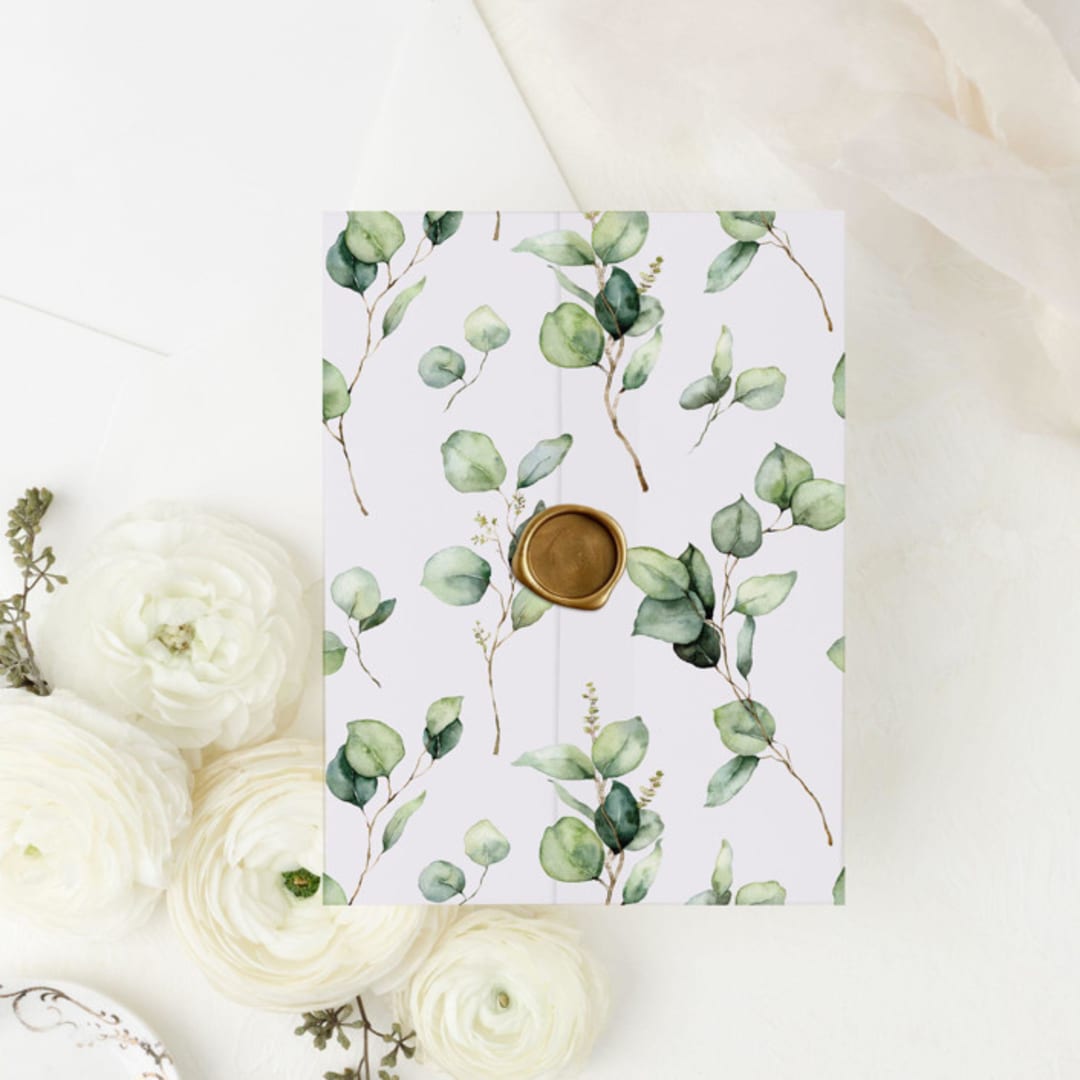 "Eucalyptus Greenery Rustic Vellum Wrap for Wedding Invitations | Set of 10 Vellum Jackets" - Invitation Jackets and Overlays in green by Nikki Turner