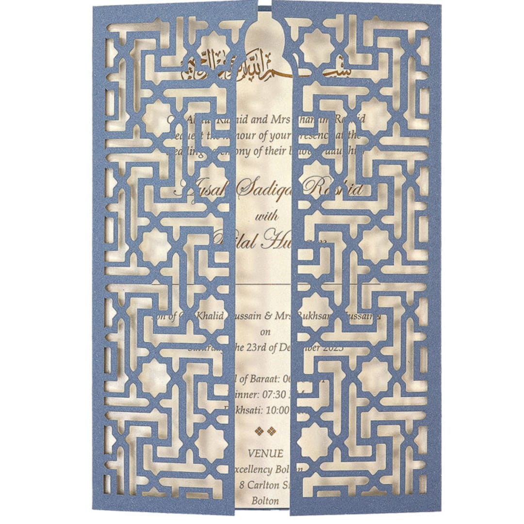 "Custom Laser Cut Gatefold Jacket for 5x7 Invitation | Set of 10 | Envelopes Included" - Invitation Jackets and Overlays in blue by Self Stationery