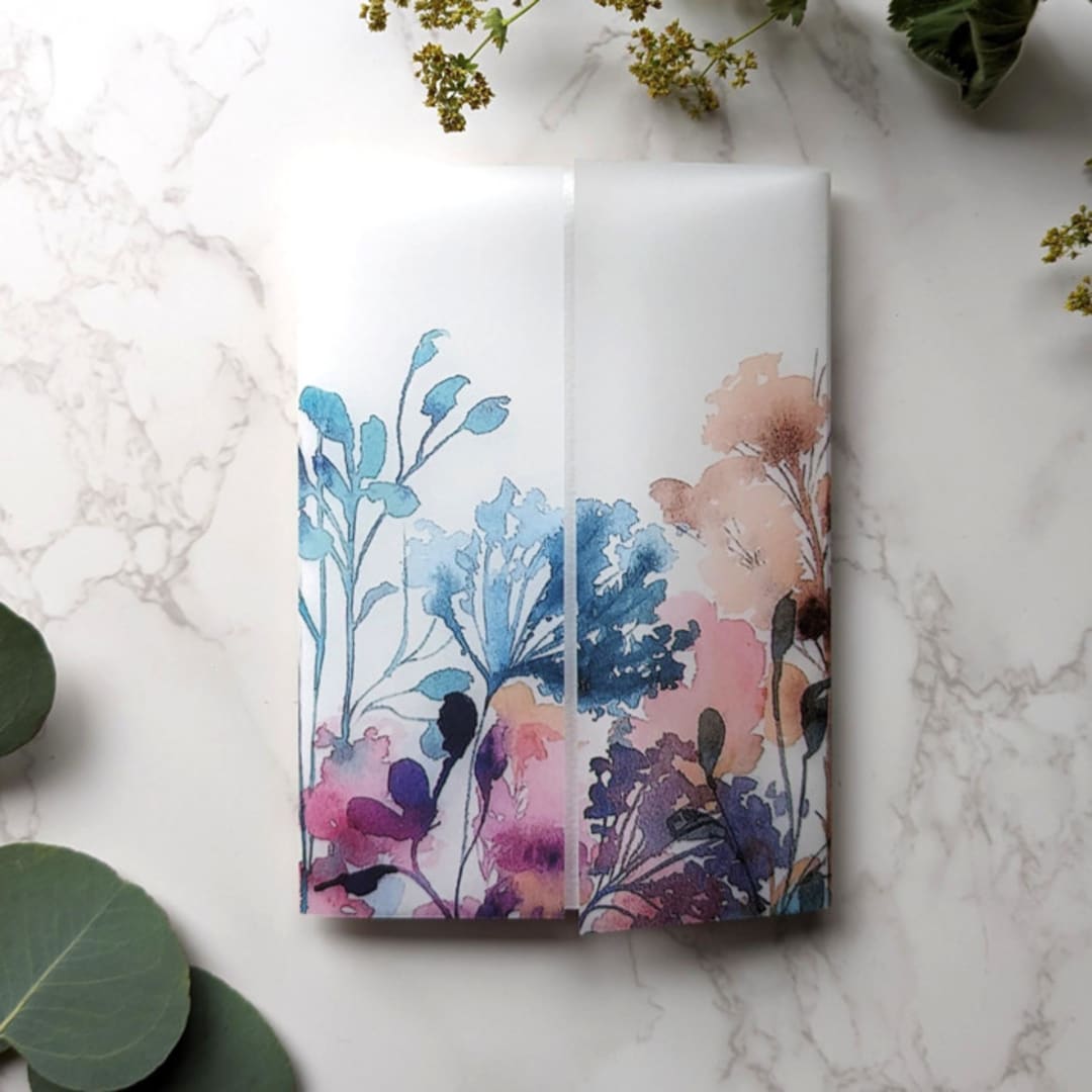 "Garden Watercolor Vellum Wrap | Set of 10" - Invitation Jackets and Overlays in white by Campofiore Paper Studio