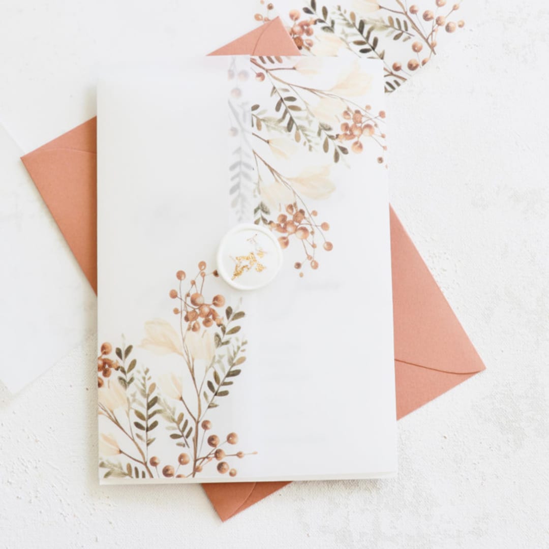 White and Orange Fall Floral Vellum Jackets | Size 5x7 | Set of 25