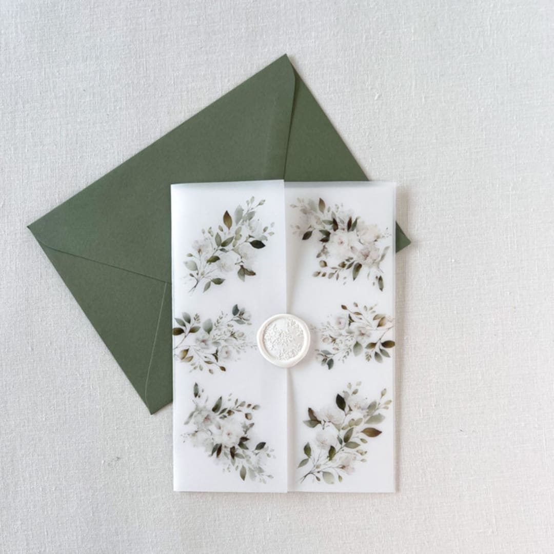 "White Neutral Wildflower Vellum Jacket for Wedding Invitations | Set of 10" - Invitation Jackets and Overlays in white by Eva Friesen