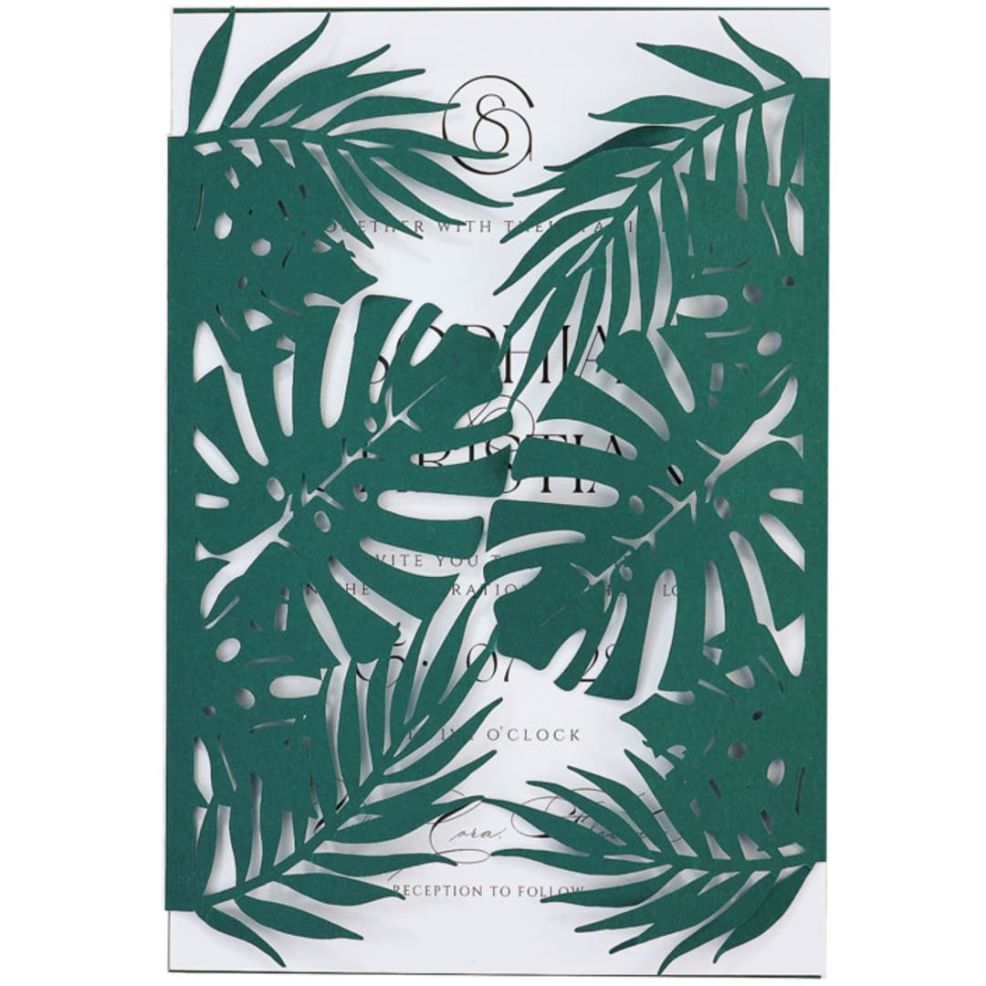 "Tropical Monstera Leaf Laser Cut Dark Green Covers for 5x7 Invitation | Set of 10| Envelopes Included" - Invitation Jackets and Overlays in green by Self Stationery