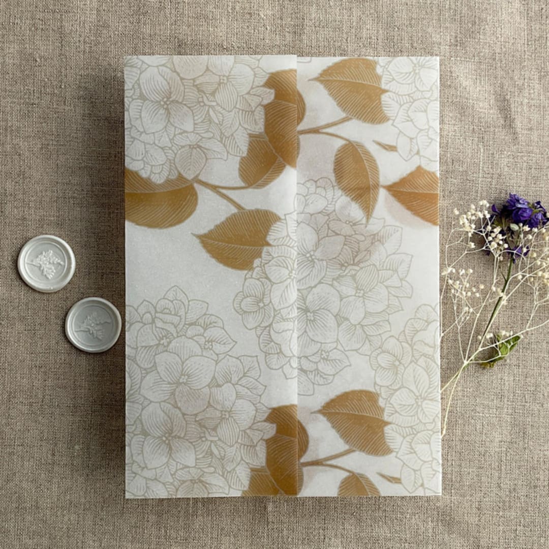 "Antique Hydrangea flower gold leaf printed vellum wrap for 5x7 card | pack of 10" - Invitation Jackets and Overlays in gold by Ivory Invitations