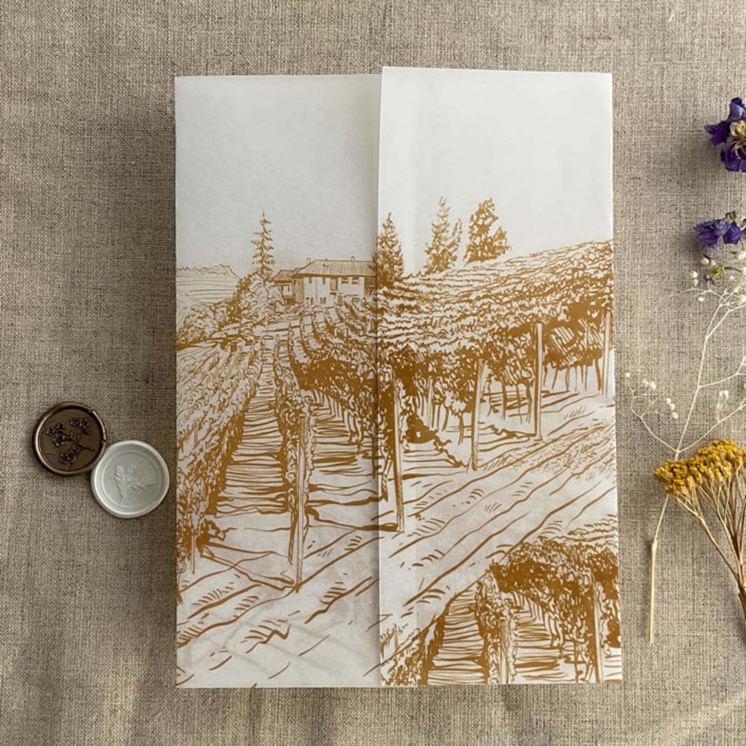 "Gold vineyard landscape sketch printed vellum wrap for 5x7 card | pack of 10" - Invitation Jackets and Overlays in gold by Ivory Invitations