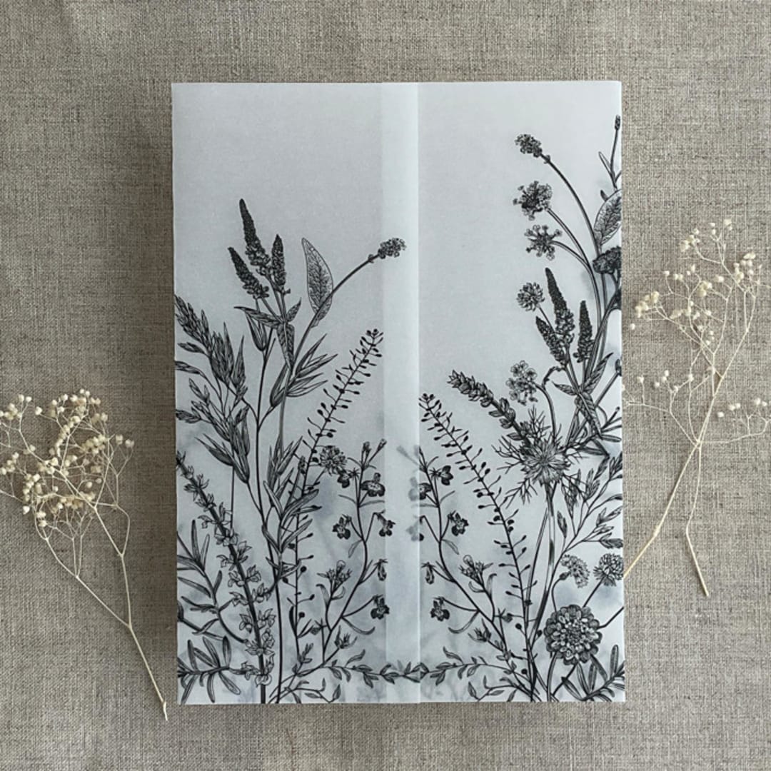 "Black English botanical garden floral printed vellum wrap for 5x7 card | pack of 10" - Invitation Jackets and Overlays in black by Ivory Invitations