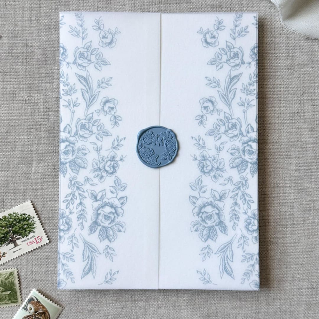 "Dusty blue toile vellum jacket | Set of 10" - Invitation Jackets and Overlays in blue by Maria Ferrer G.