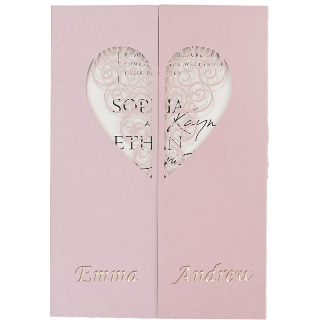 "NEW!!! Your Names On The Cover, Pink Metallic Laser Cut Covers with Heart for 5x7 card | Set of 10 | Envelopes Included" - Invitation Jackets and Overlays in pink by Self Stationery