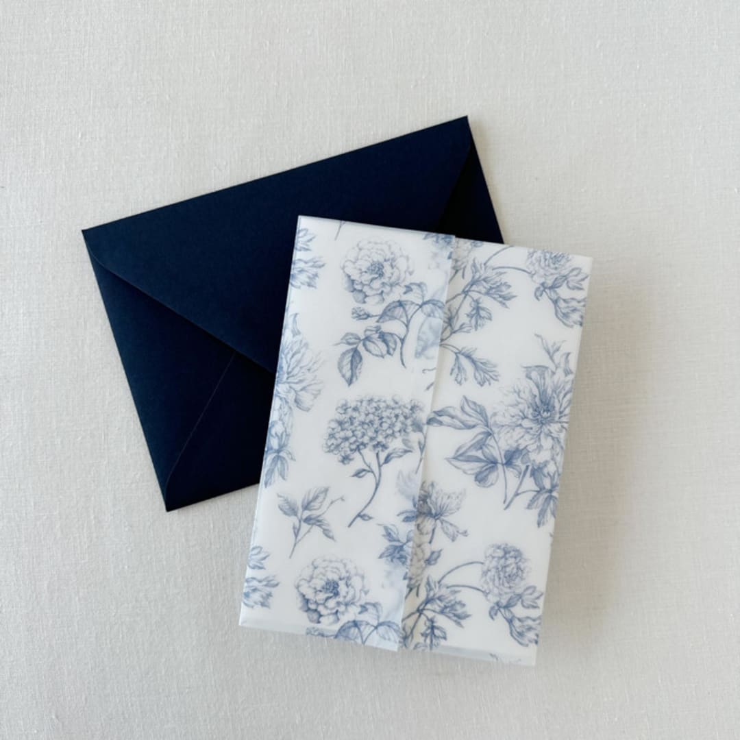 "French Blue Toile Vellum Jacket for Wedding Invitations & Cards (Set of 10)" - Invitation Jackets and Overlays in blue by Eva Friesen