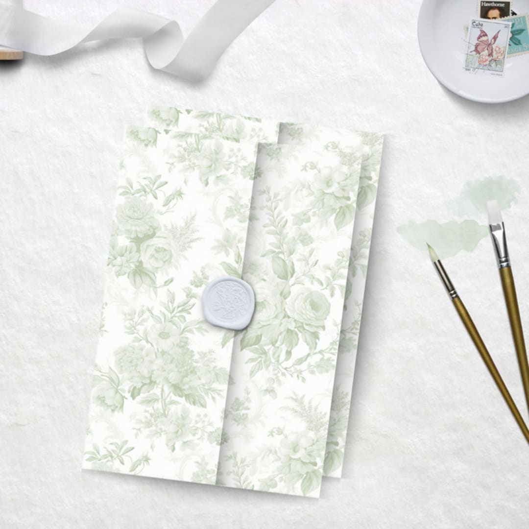"Sage Toile Vellum Jacket for 5 x 7 Wedding Invitations and Cards" - Invitation Jackets and Overlays in green by Caroline Russo