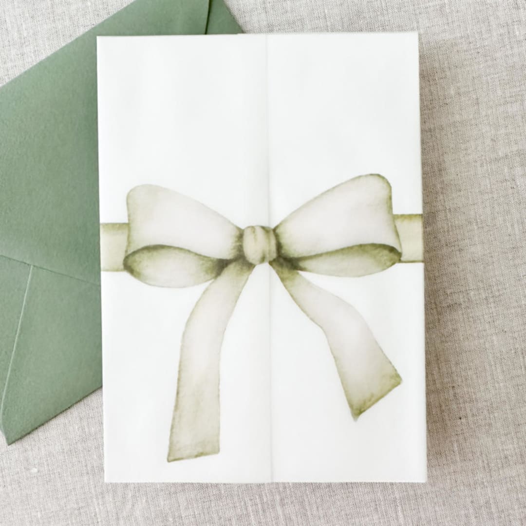 "Green bow watercolor vellum jacket | Set of 10" - Invitation Jackets and Overlays in green by Maria Ferrer G.