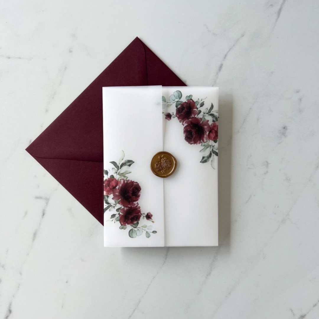 "Burgundy floral vellum wrap | Set of 10" - Invitation Jackets and Overlays in red by Eva Friesen