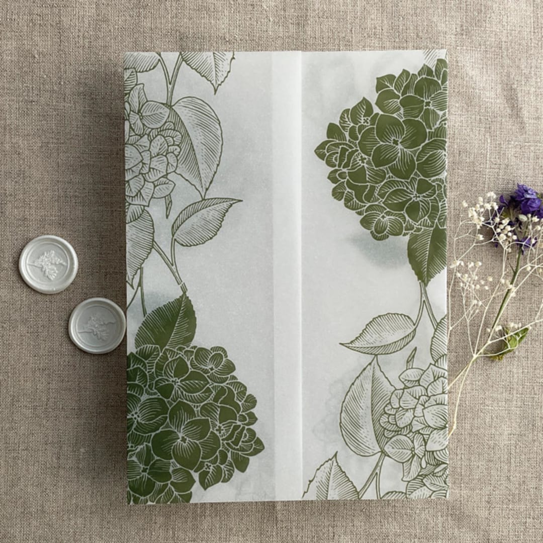 "Moss Hydrangea floral printed vellum wrap for 5x7 card | pack of 10" - Invitation Jackets and Overlays in green by Ivory Invitations